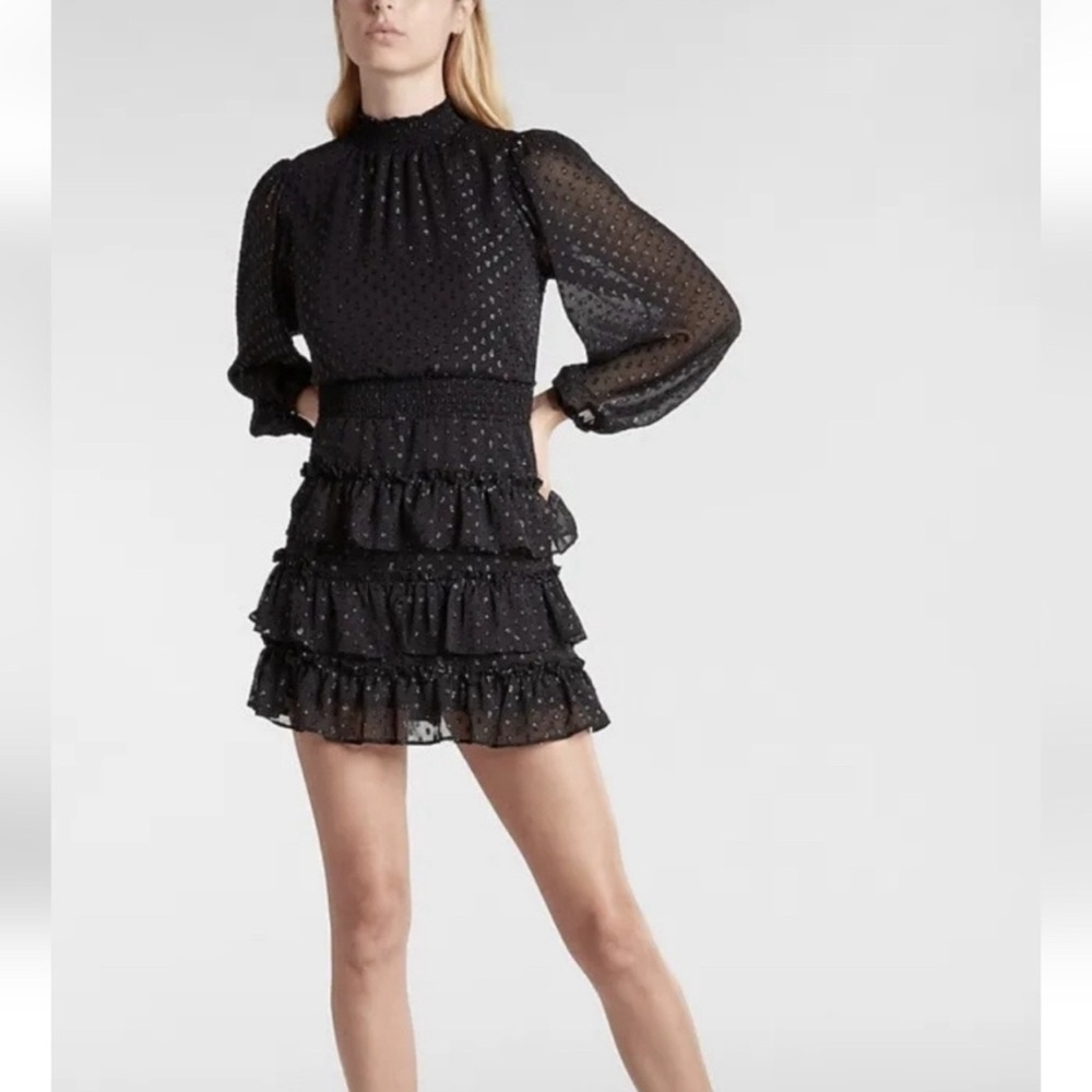 EXPRESS Polka Dot Smocked Tiered Ruffle Dress